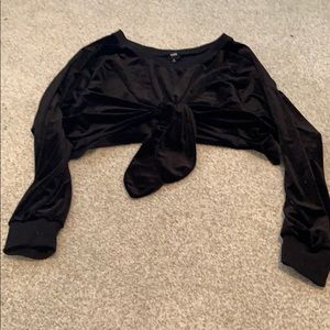 Velvet cropped long sleeve sweater with tie